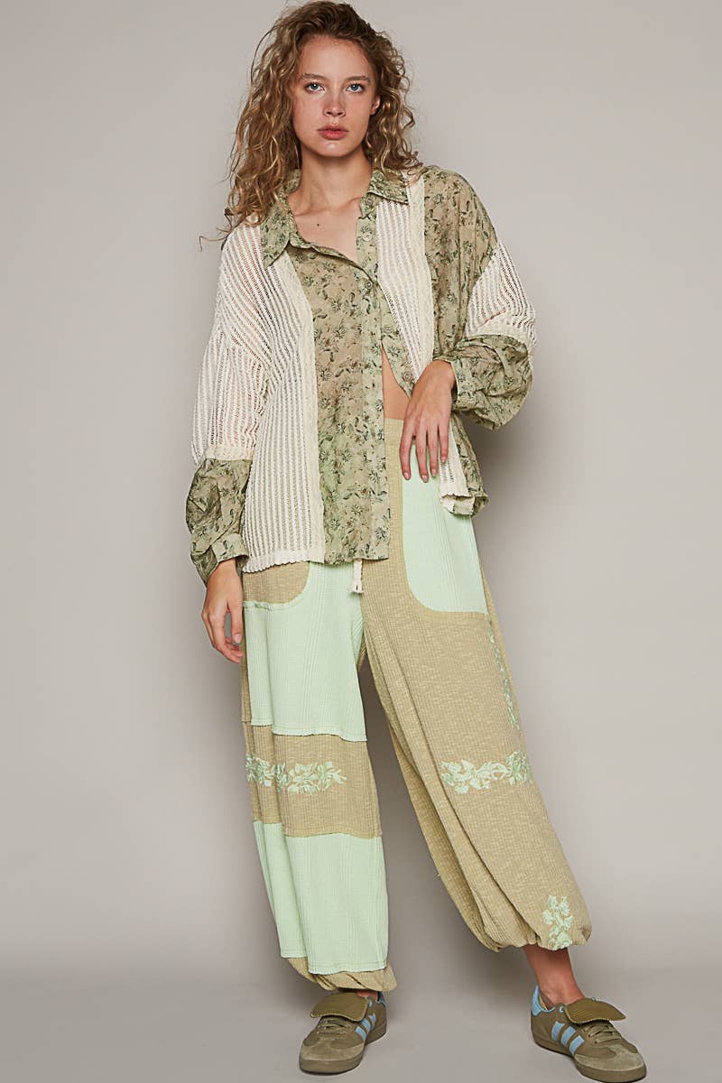 Vintage Olive Floral Button-Up Top with Cream Mesh Panel Accents