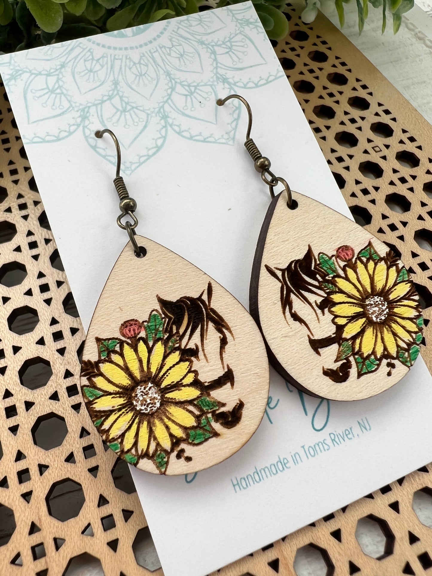 Wooden Earrings - Horse & Sunflower