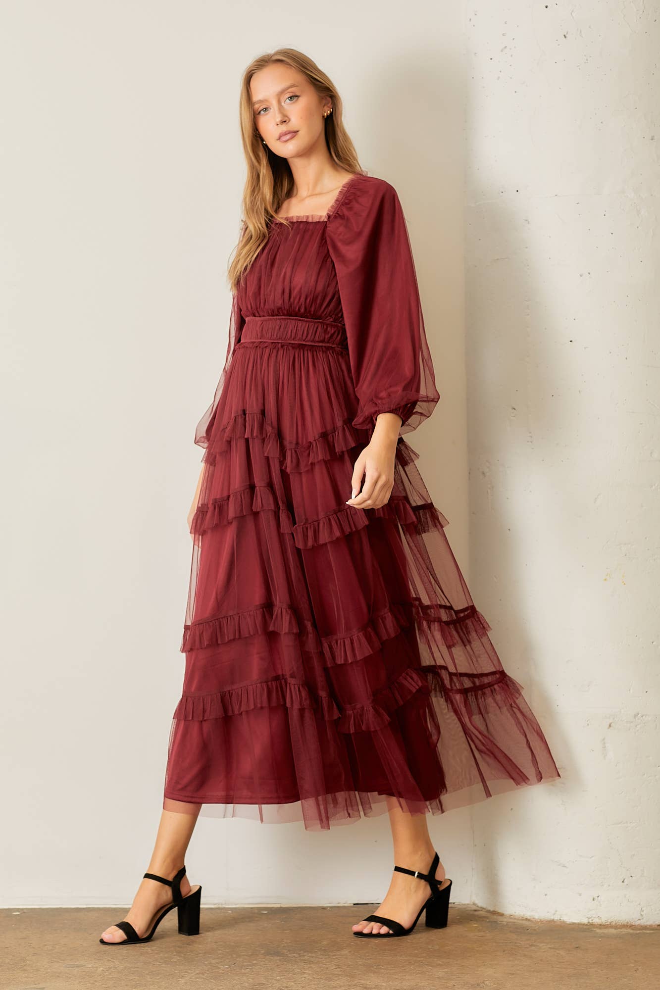 Sheer Ruffle Tiered Tulle Long Sleeve Dress