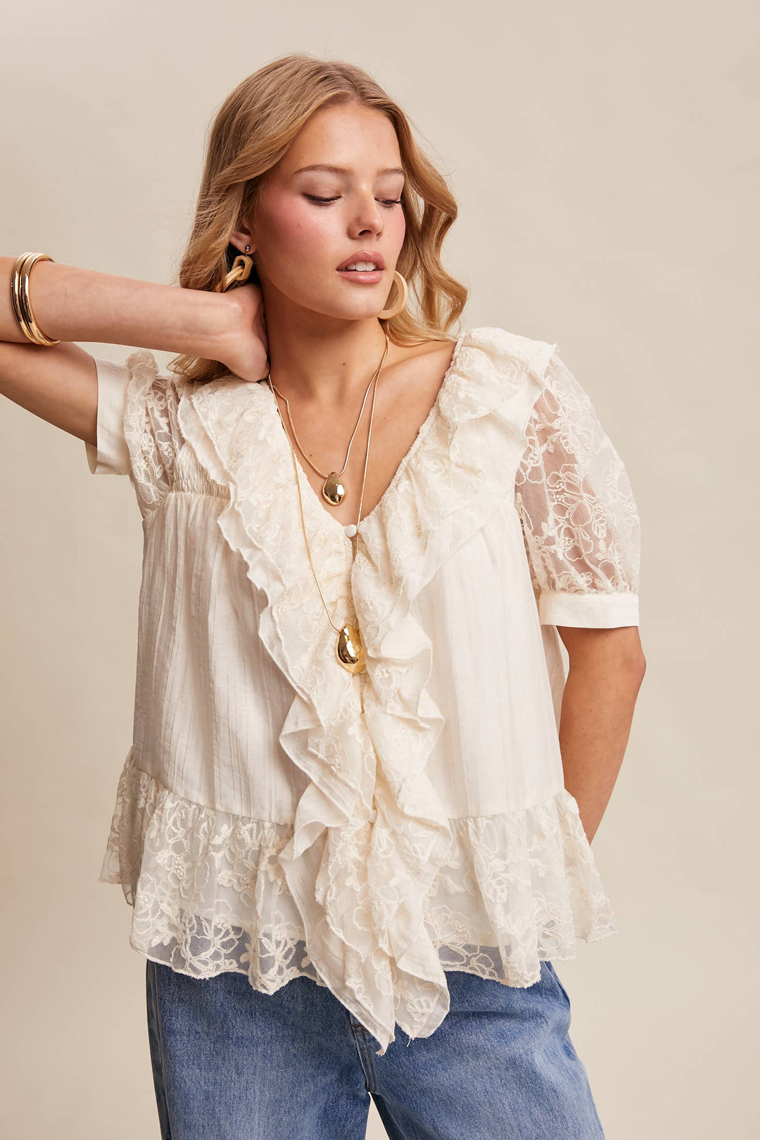 Romantic Lace Ruffle Peplum Blouse