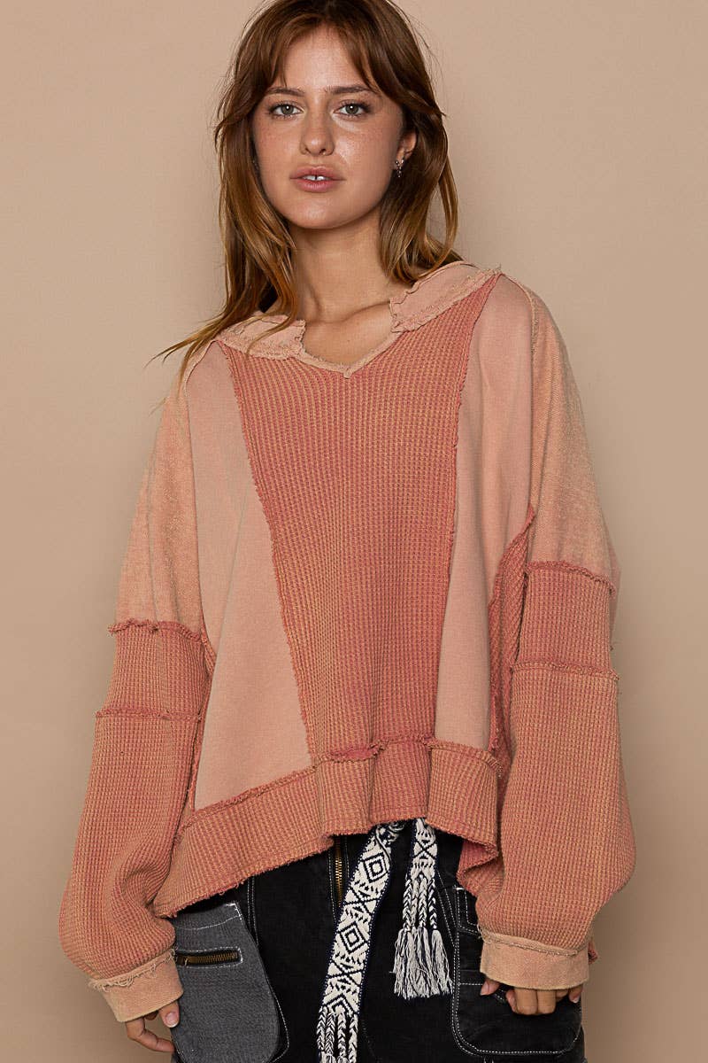 Notched neck contrast fabric basic long sleeve top