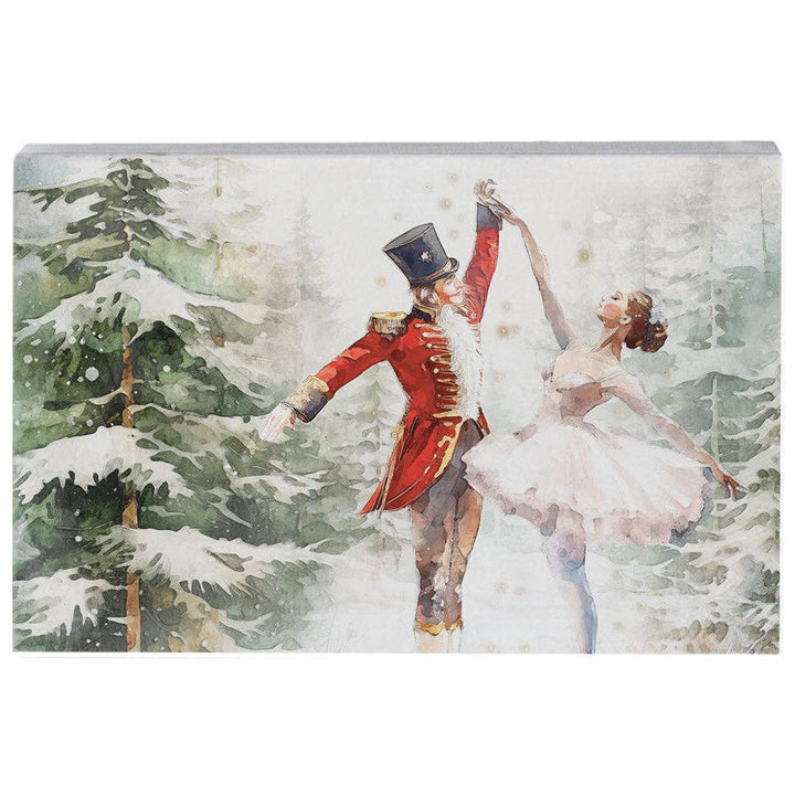 wood art block with Nutcracker and ballerina winter scene, freestanding shelf decor
