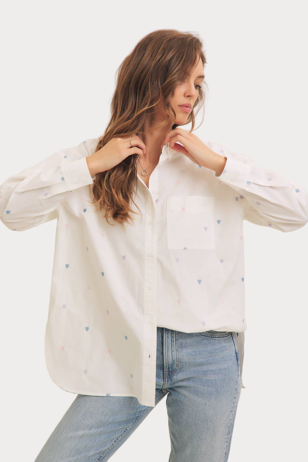 Heart Embroidered Button-Down Shirt | White with Pastel Details