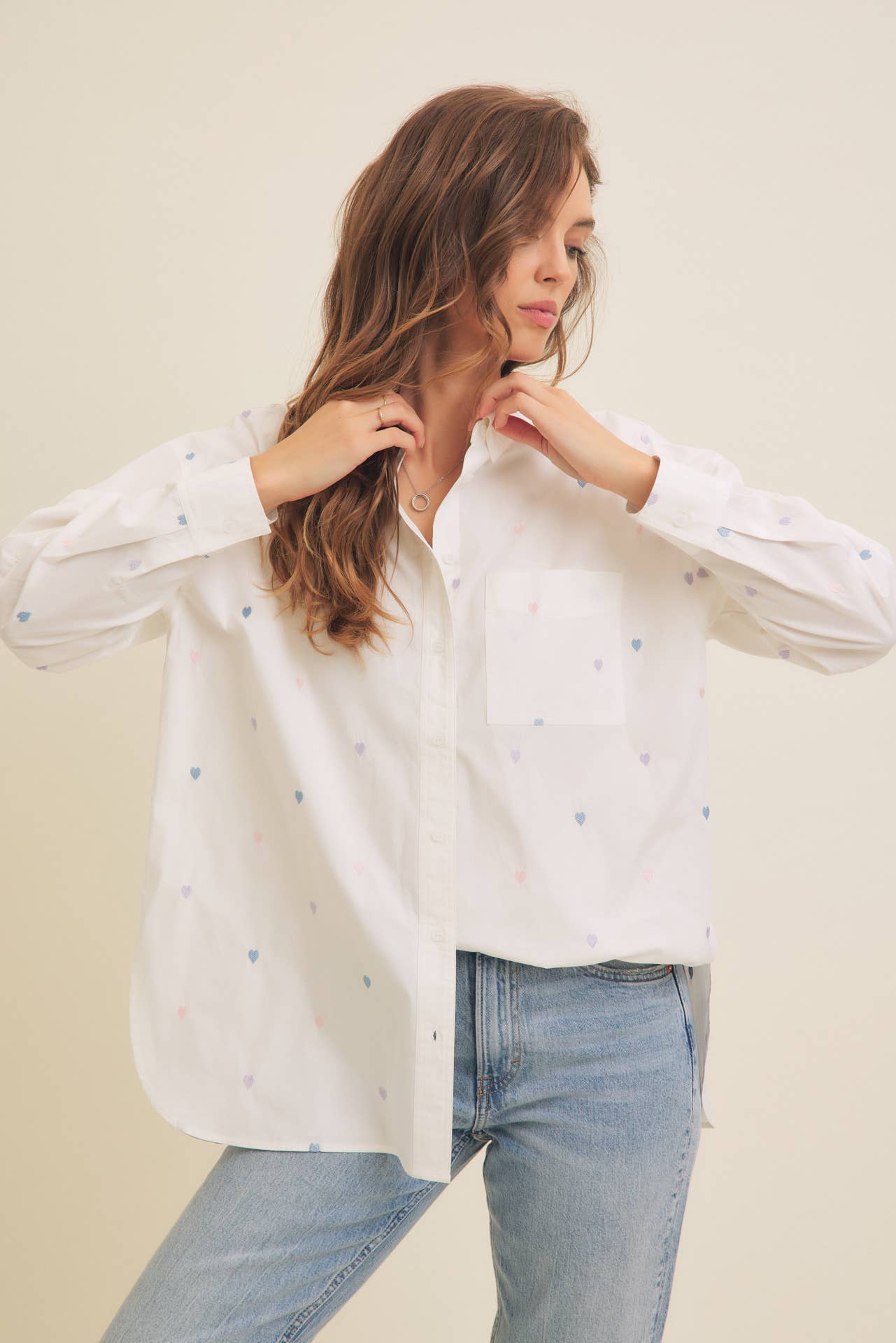 FULL OF HEARTS EMBROIDERY BUTTON DOWN LONG-SLEEVED SHIRT