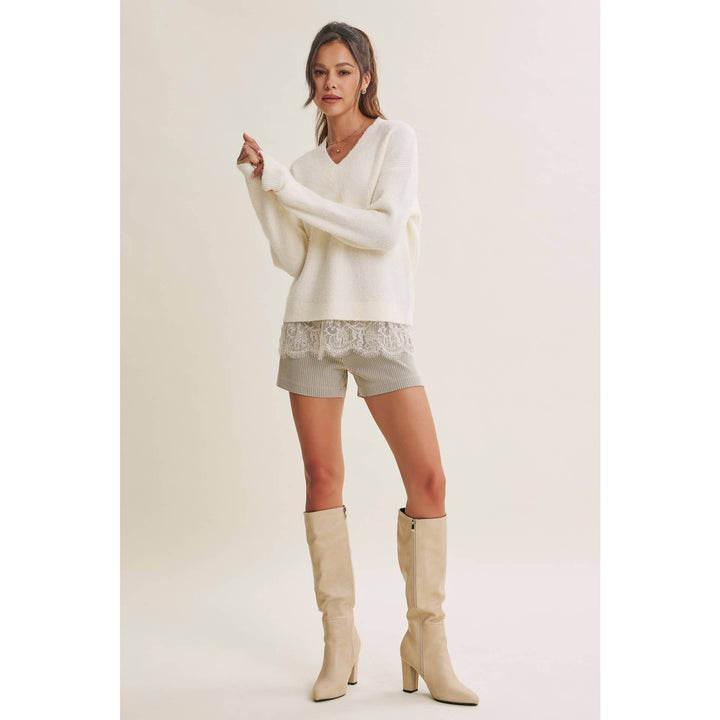 WINTER GARDEN EYELASH LACE TRIM BRUSHED SWEATER TOP
