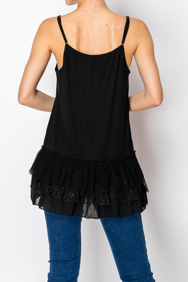 Adjustable Relaxed Cami Tank With Layered Ruffled Trim - T14 BK