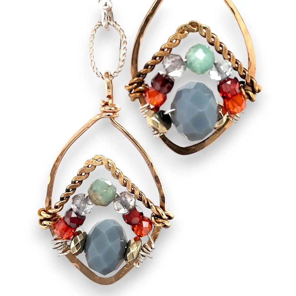 Majestic Mountain gemstone drop earrings with amazonite, blue labradorite and crystal stones in hammered bronze with sterling silver hooks. Closeup detail shot of the stones.