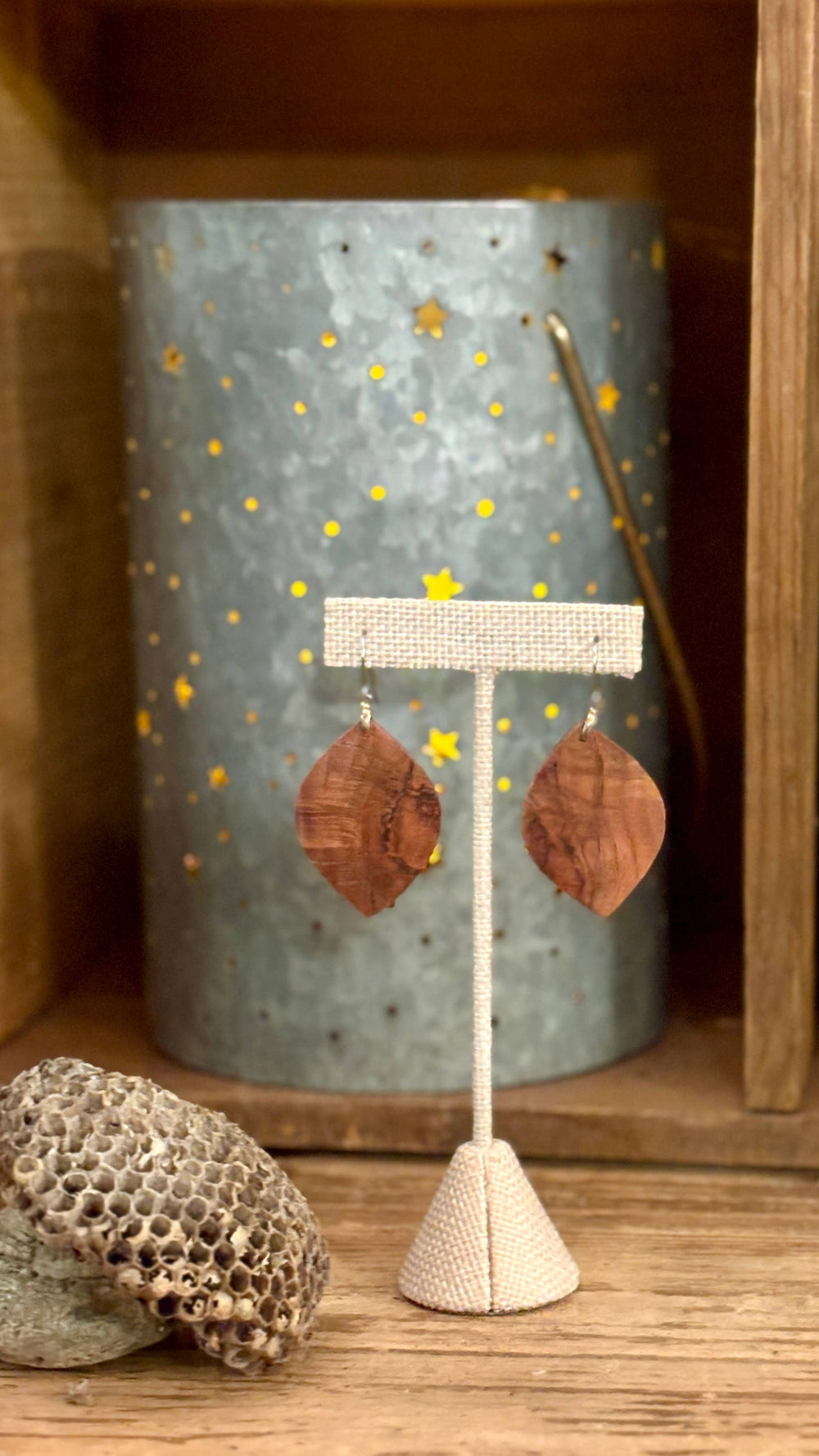 Handcrafted Woodland Earrings featuring natural wood grain in a lightweight marquise shape with hypoallergenic stainless-steel hooks.