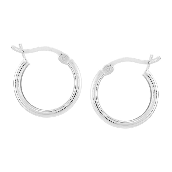 Small polished sterling silver hoop earrings with hinged closure