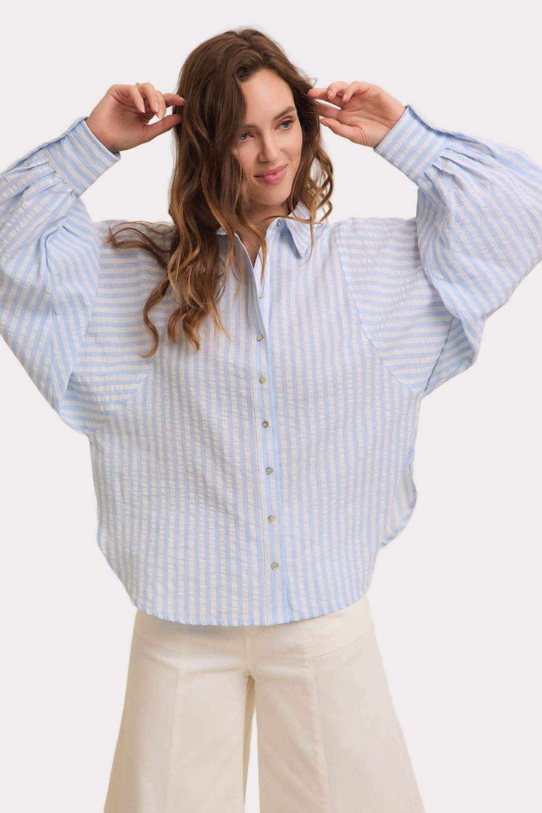 Striped Balloon Sleeve Blouse | Women's Relaxed Fit Button-Up