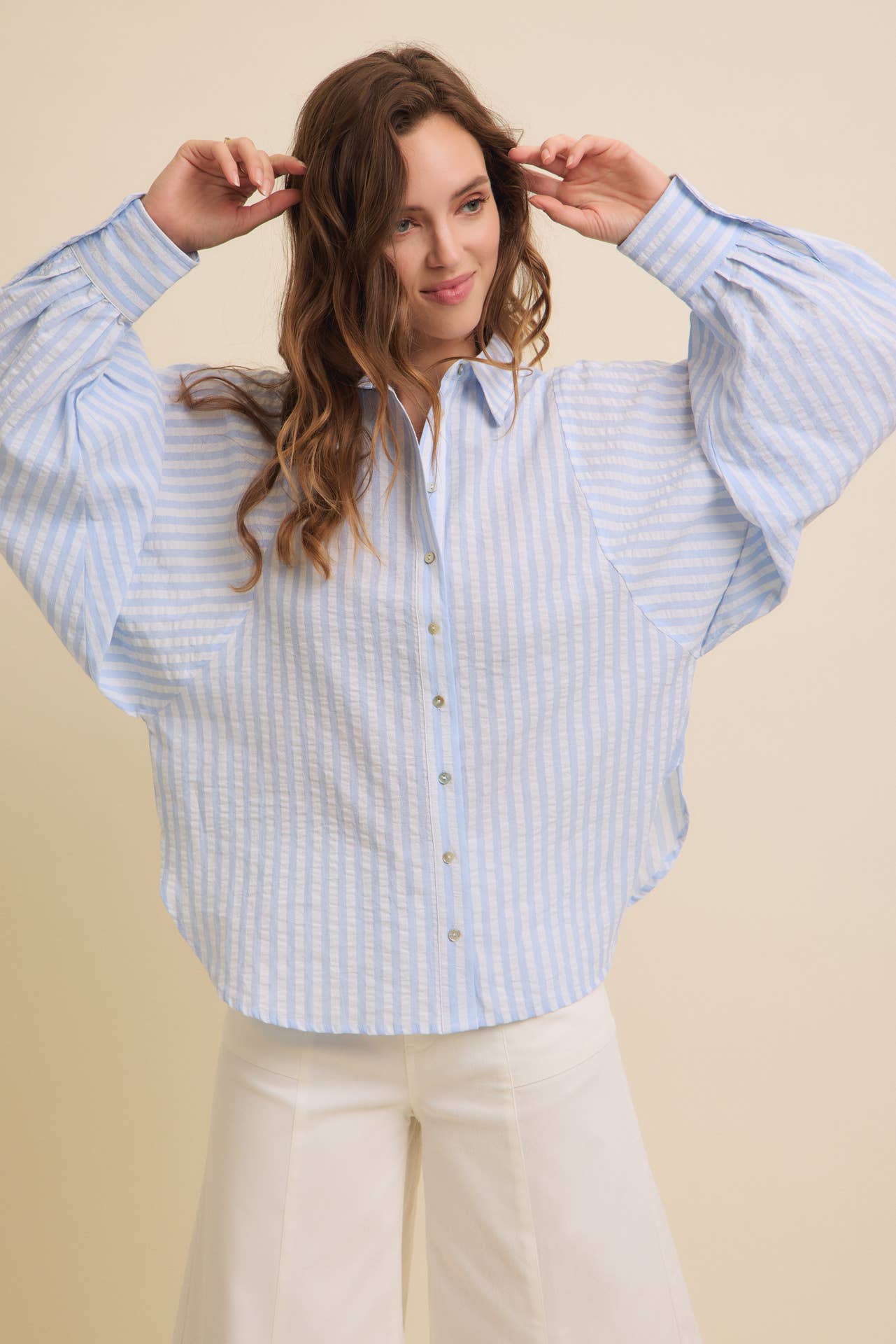 VOLUMINOUS SLEEVED BUTTON-DOWN COTTON STRIPE SHIRT