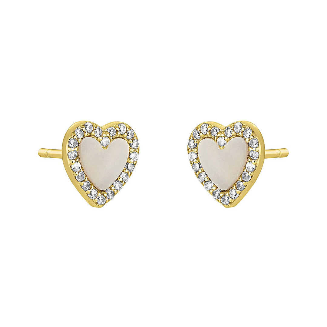 Gold heart-shaped stud earrings with mother of pearl centers and a cubic zirconia border.