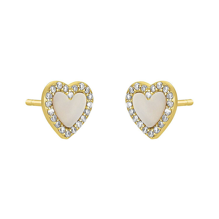 Gold heart-shaped stud earrings with mother of pearl centers and a cubic zirconia border.