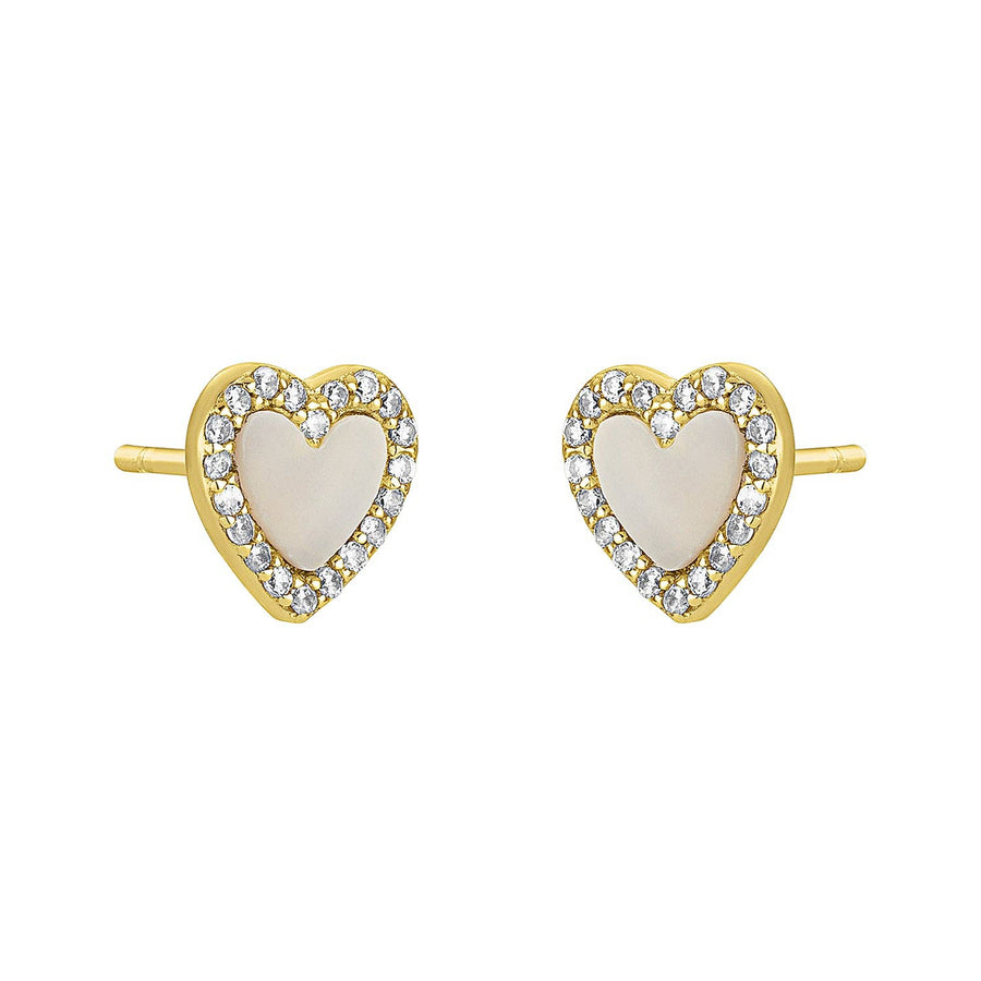 Gold heart-shaped stud earrings with mother of pearl centers and a cubic zirconia border.