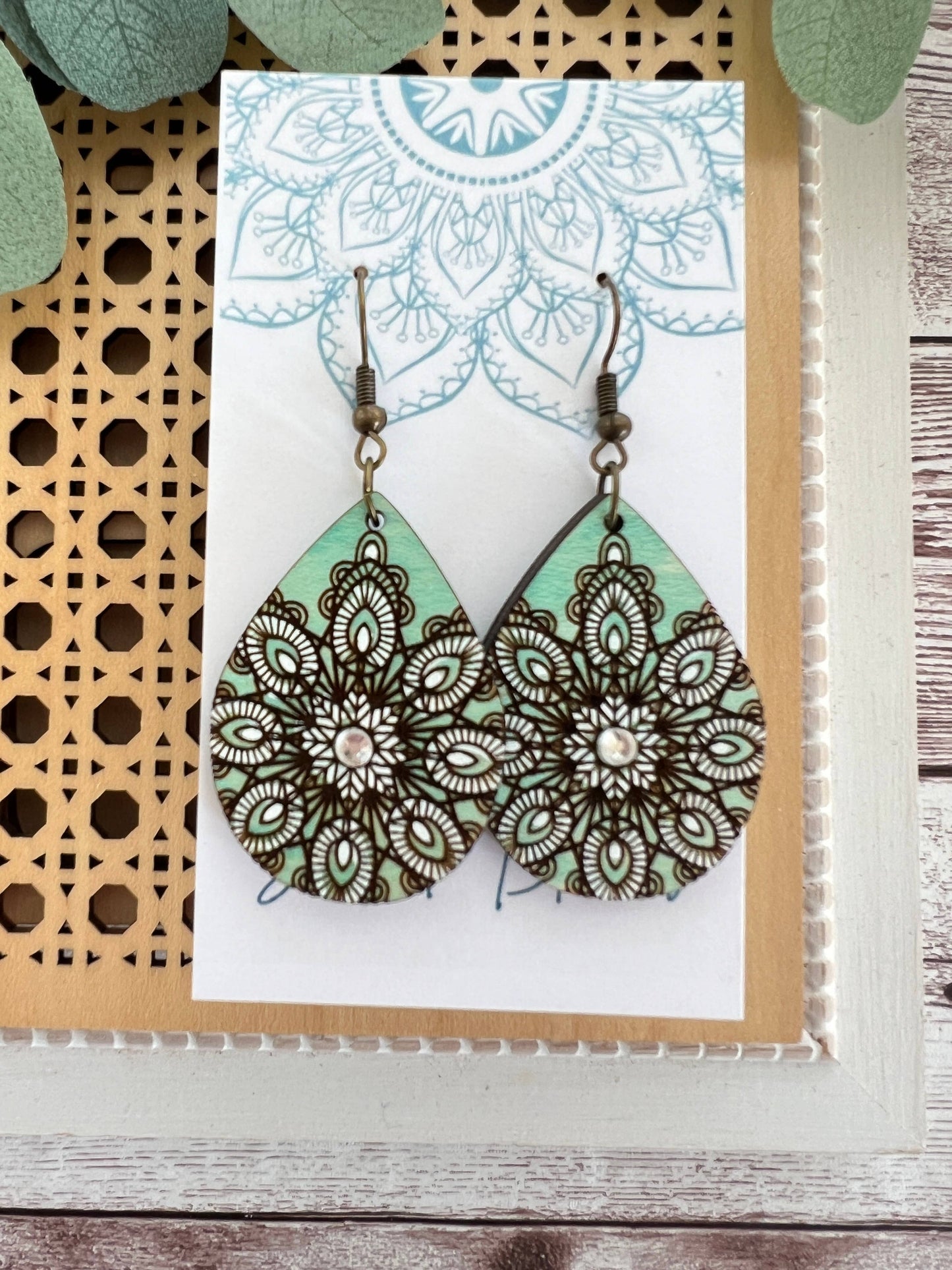 Wooden Earrings - Mandala- Green