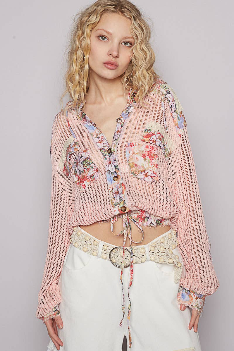 Boho Chic Lilac Mesh Button-Up Top with Floral Patchwork Detail