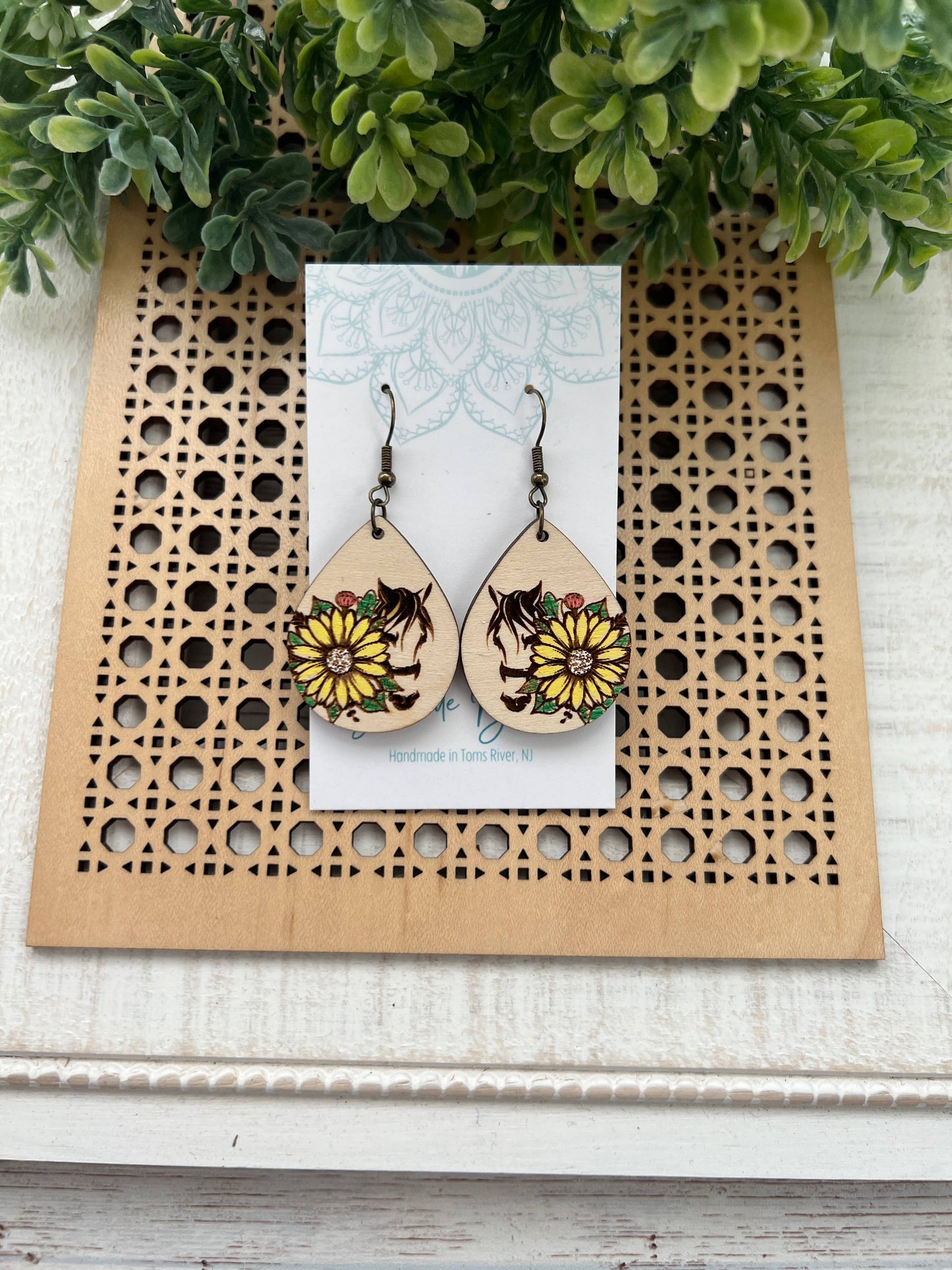 Wooden Earrings - Horse & Sunflower