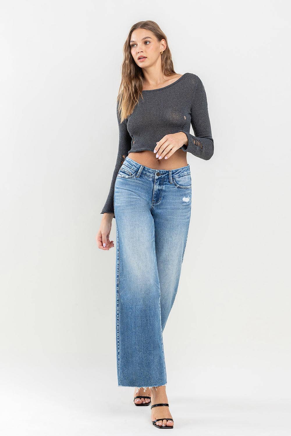 Olivia - Mid Rise Clean Cut Raw Hem Wide Jeans