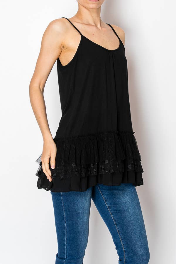 Adjustable Relaxed Cami Tank With Layered Ruffled Trim - T14 BK