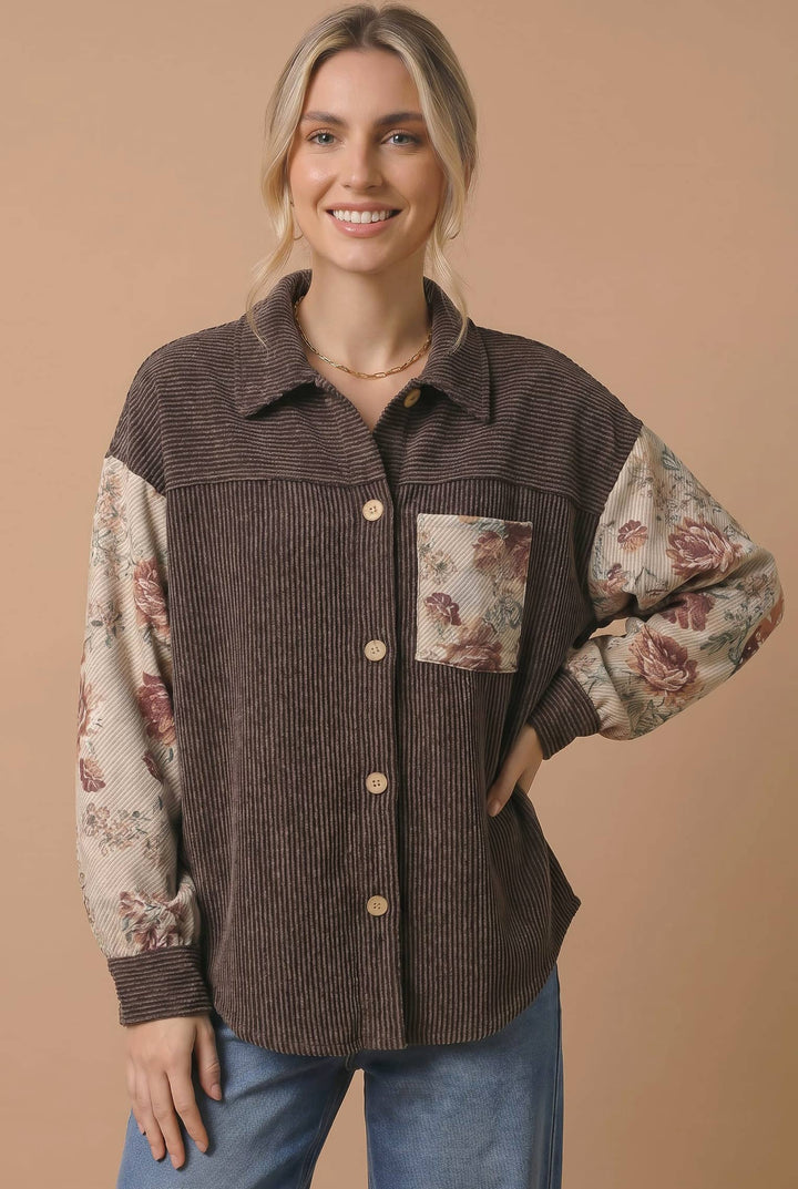 Floral Wave Rib Knit Color Block Shirt