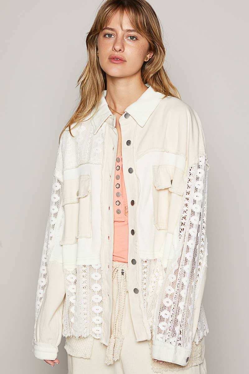 Oversize contrast lace crochet collared button down shirt