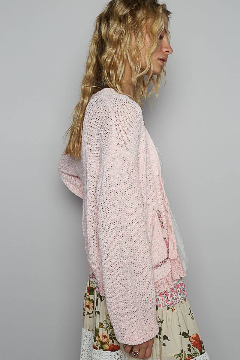 V-neck lace ruffle solid thin sweater cardigan