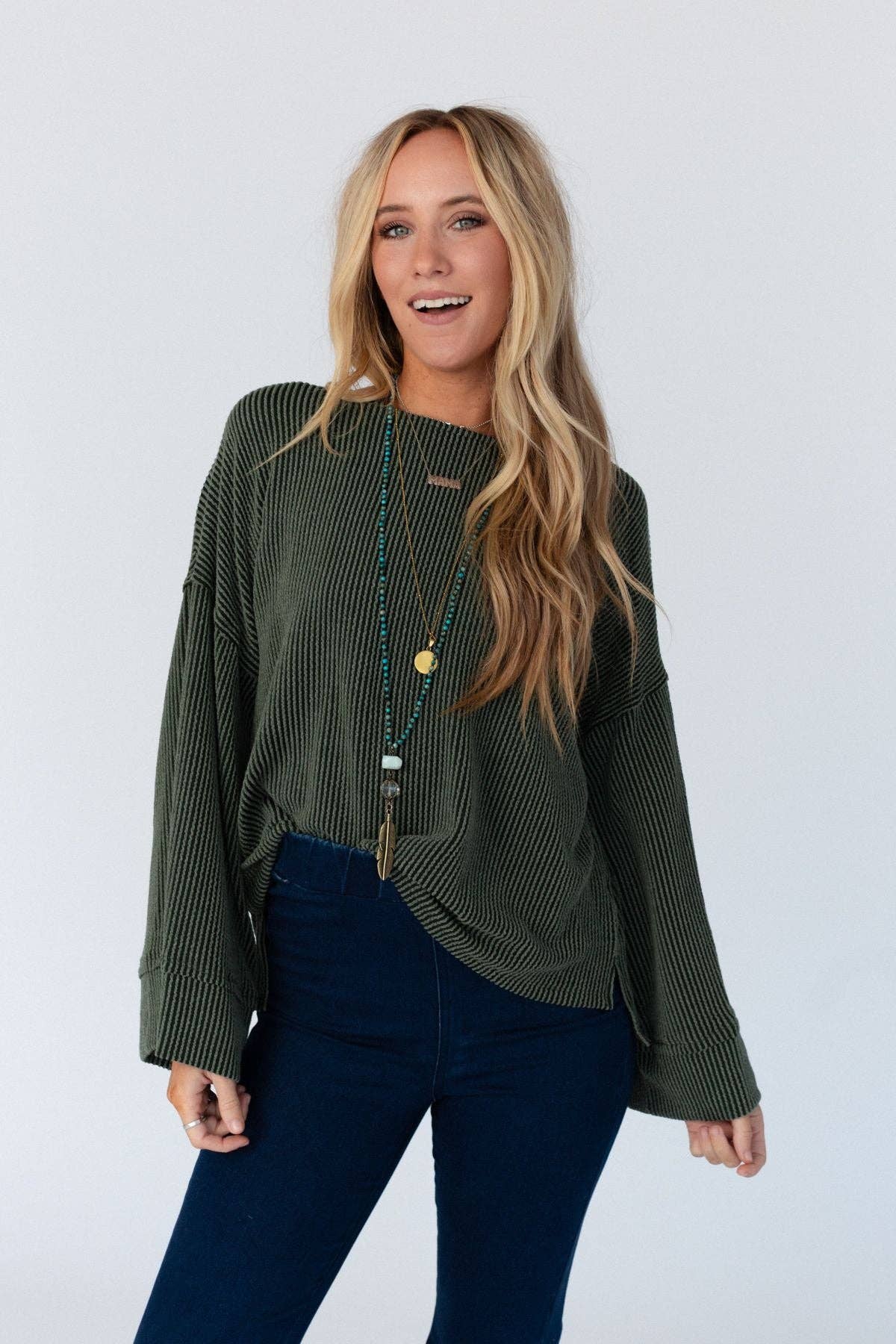 Love It Round Neckline Textured Top - Olive