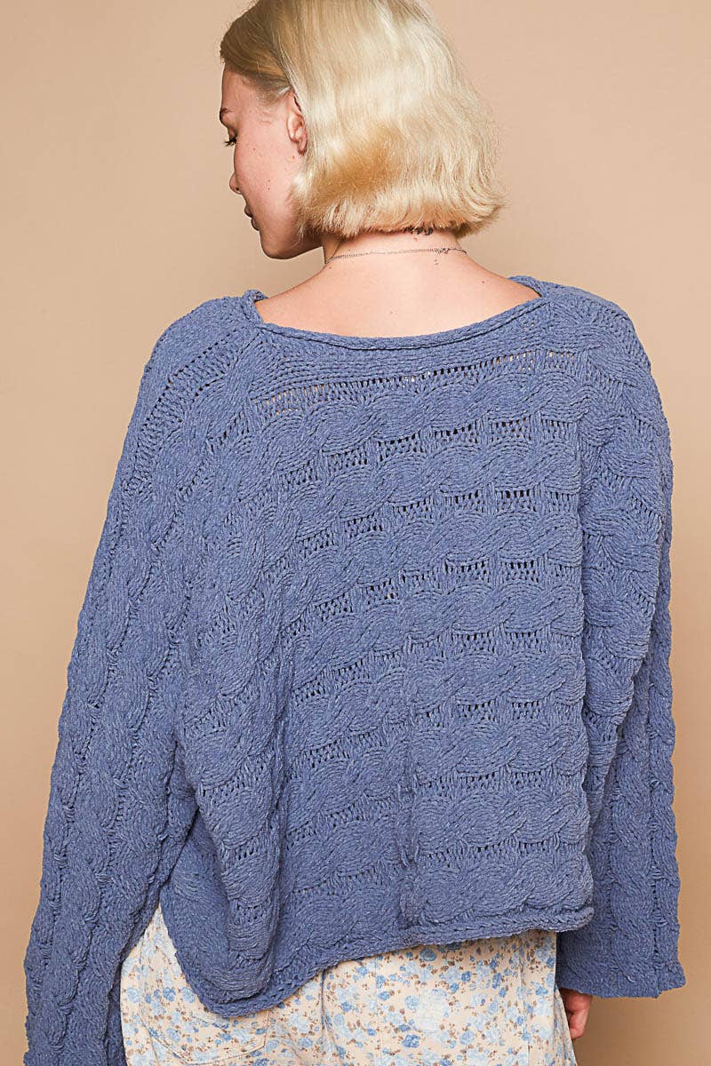 Round neck semi cropped knitted solid sweater