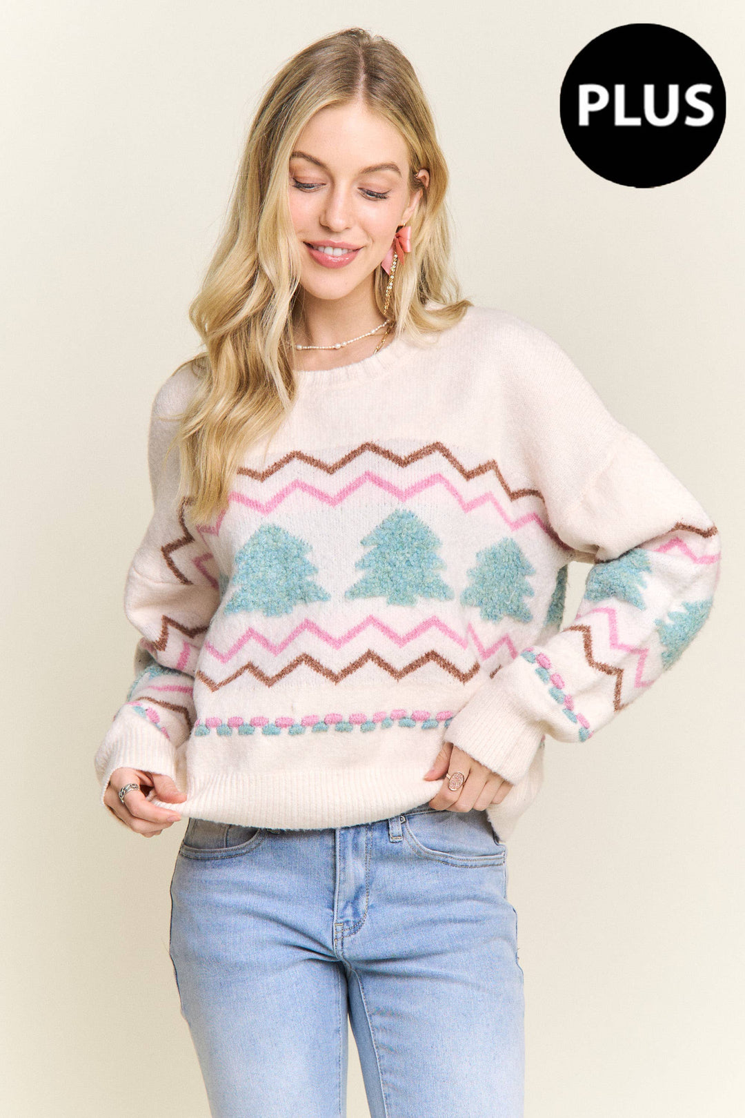“Plus size cream knit sweater with fluffy textured Christmas trees and pastel chevron stripes”
