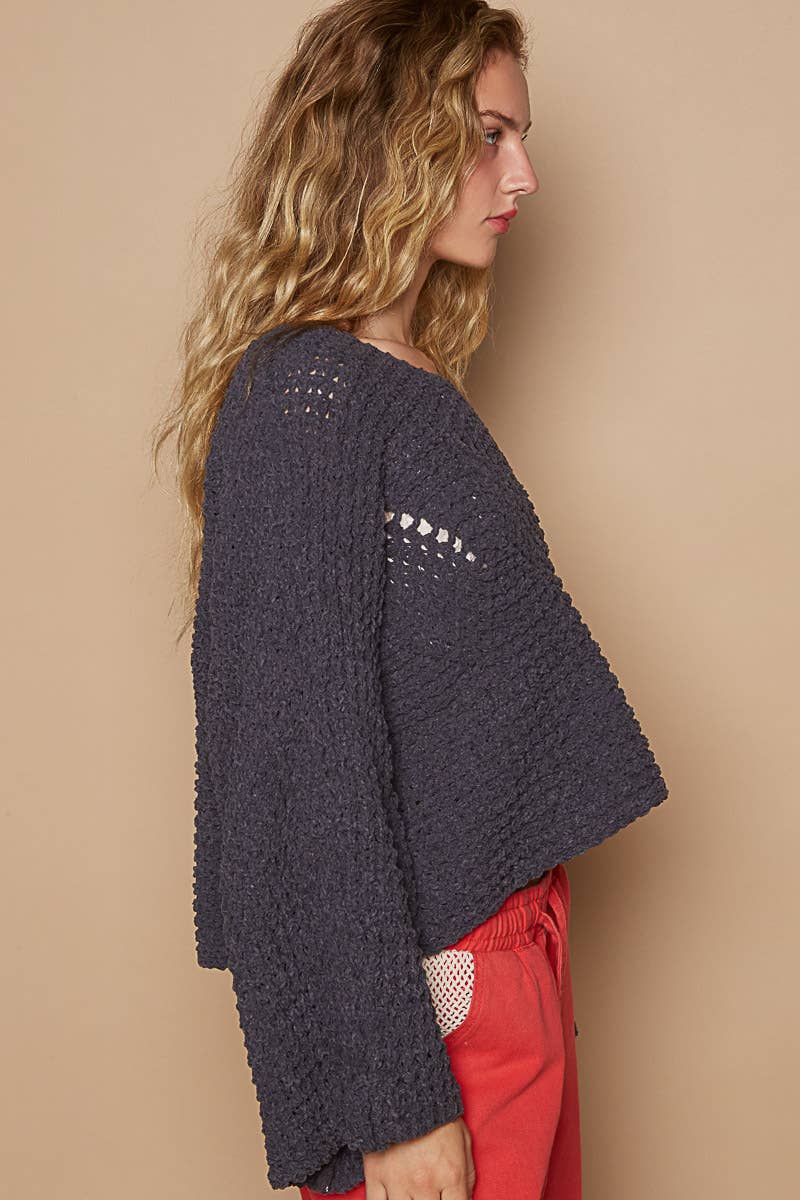 Round neck semi cropped chenille solid sweater SALE