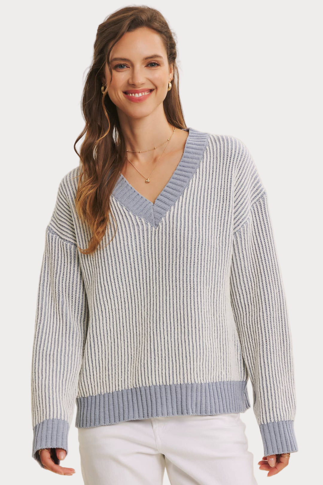 Two-Tone Chenille V-Neck Sweater | Ribbed Knit Top