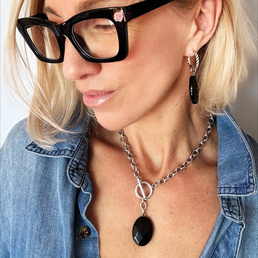 Black Onyx Toggle Choker & Huggie Earring Set