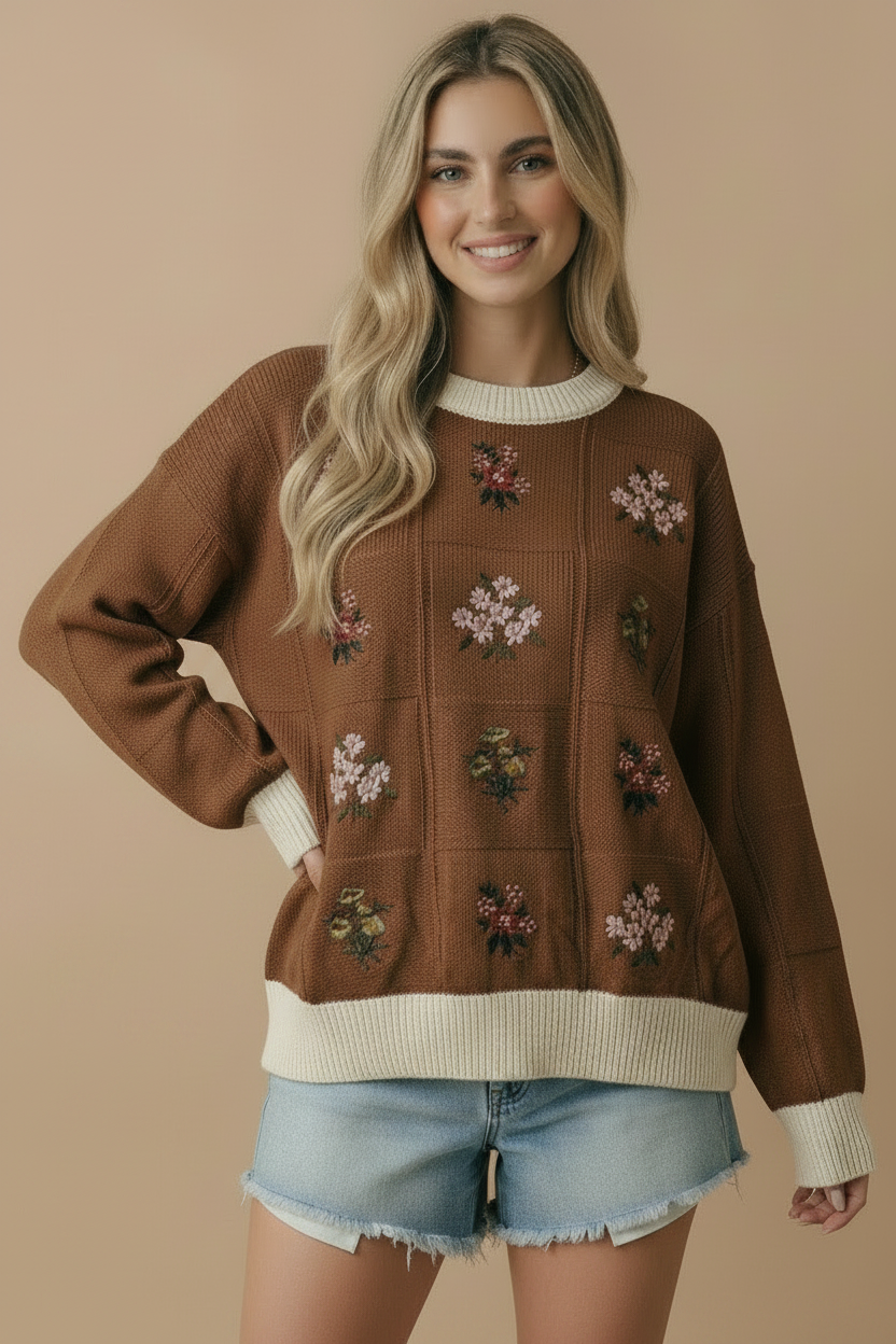 Round Neck Floral Embroidery Sweater Knit Top