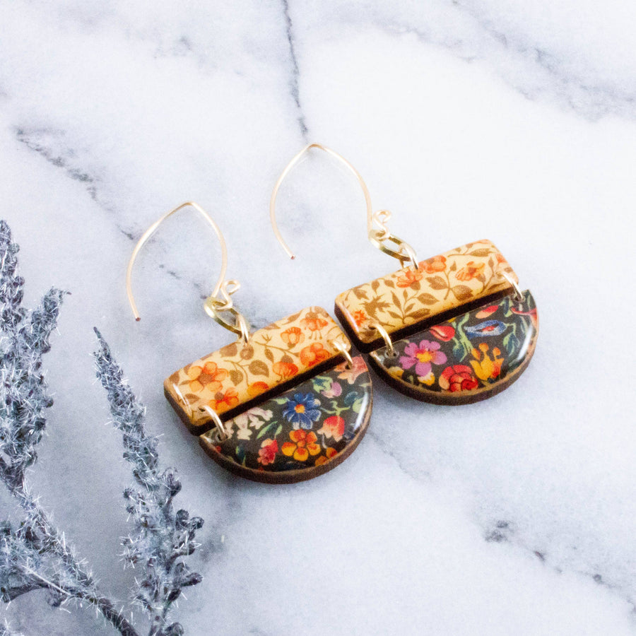 Cottage Calico stacked wooden half circle earrings with warm vintage florals and colorful dark meadow print