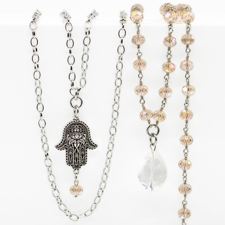 Peace Hamsa Crystal Rosary Necklace Layering Set
