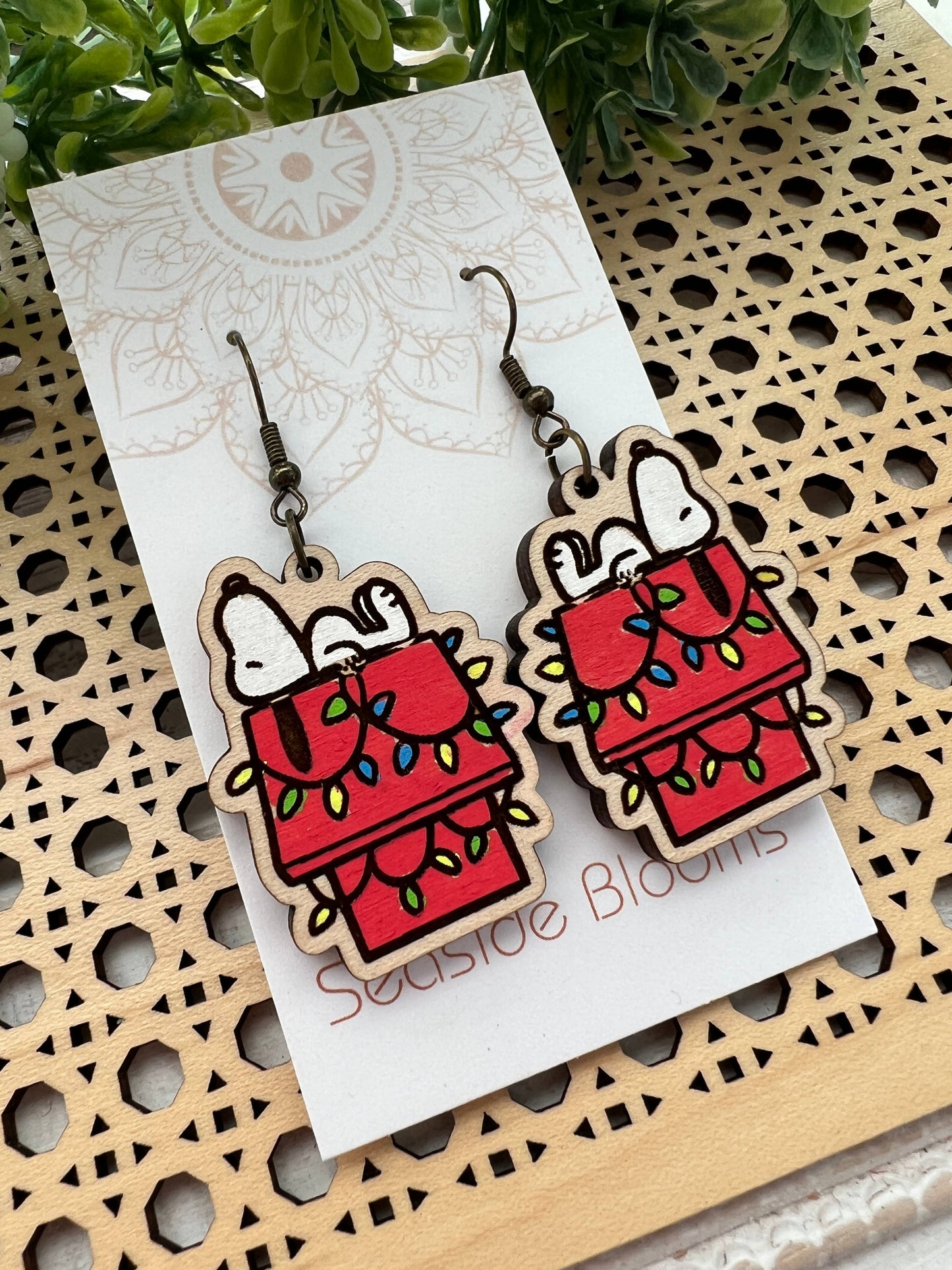 Wooden Earrings - Christmas Dog House