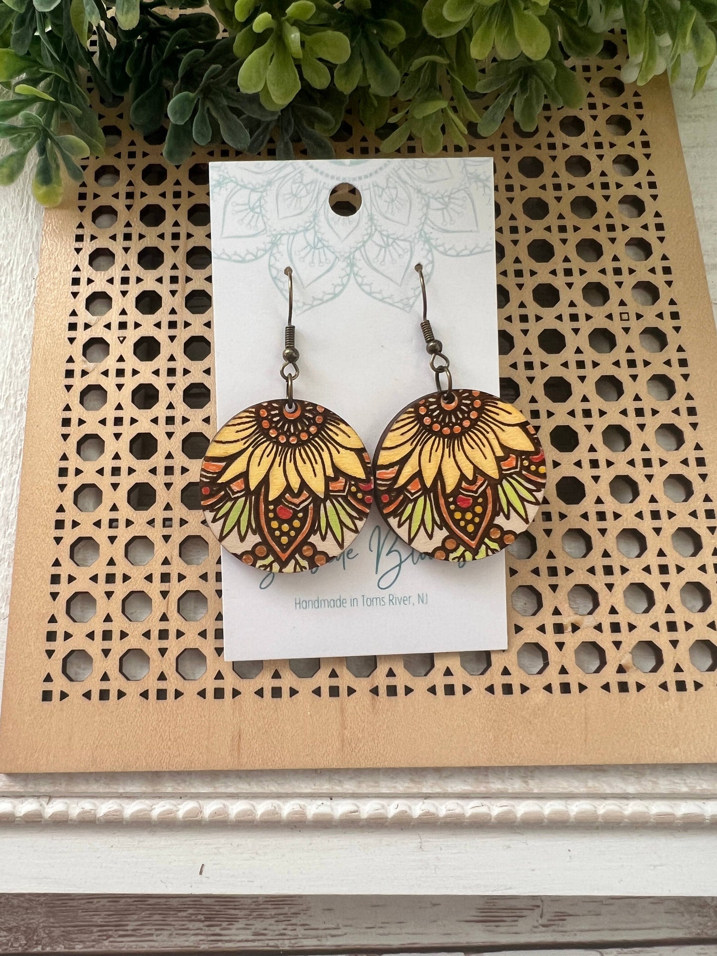 Wooden Earrings - Sunflower Mandala