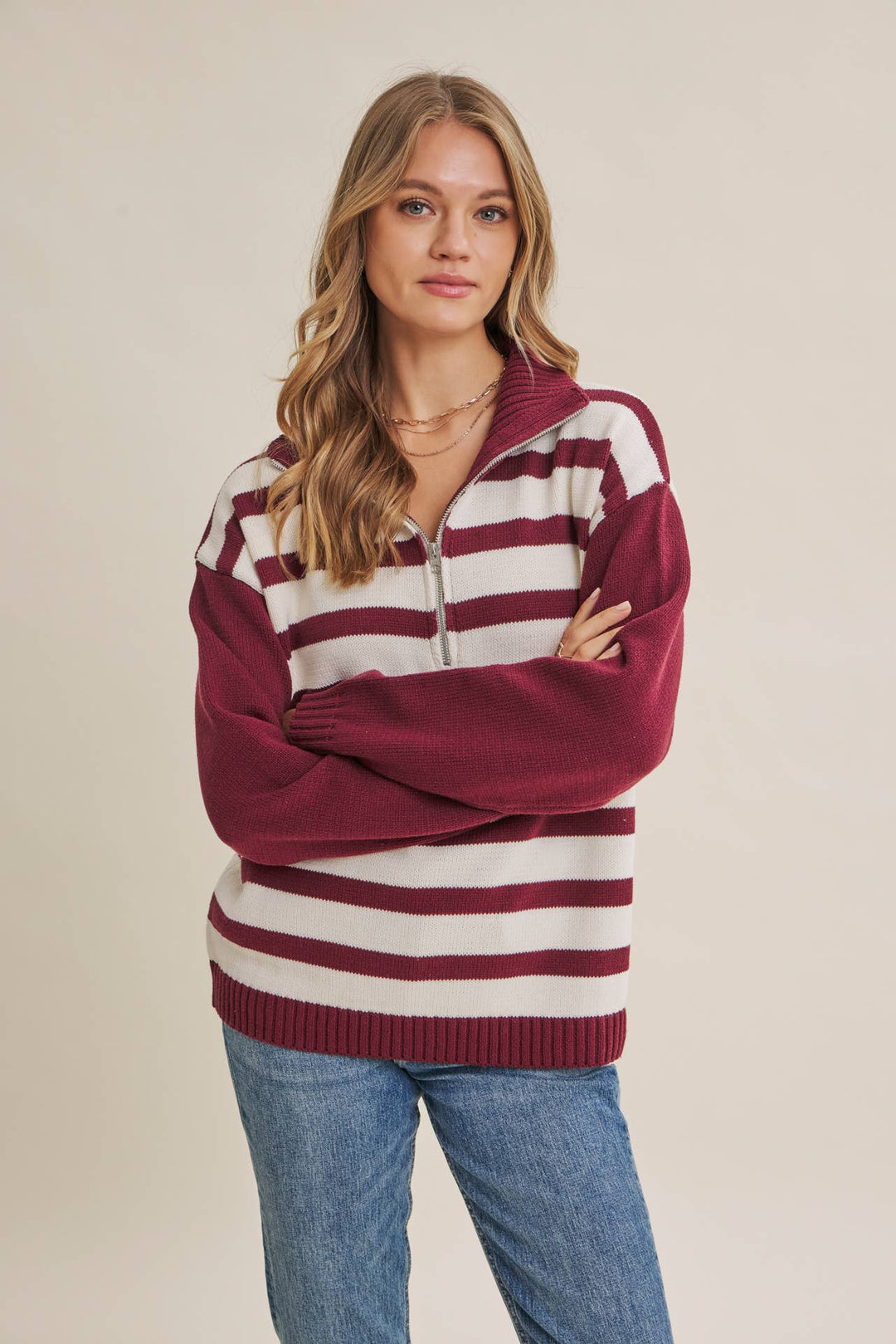 EVERGREEN DAYS CLASSIC HALF ZIP STRIPE PULLOVER SWEATER