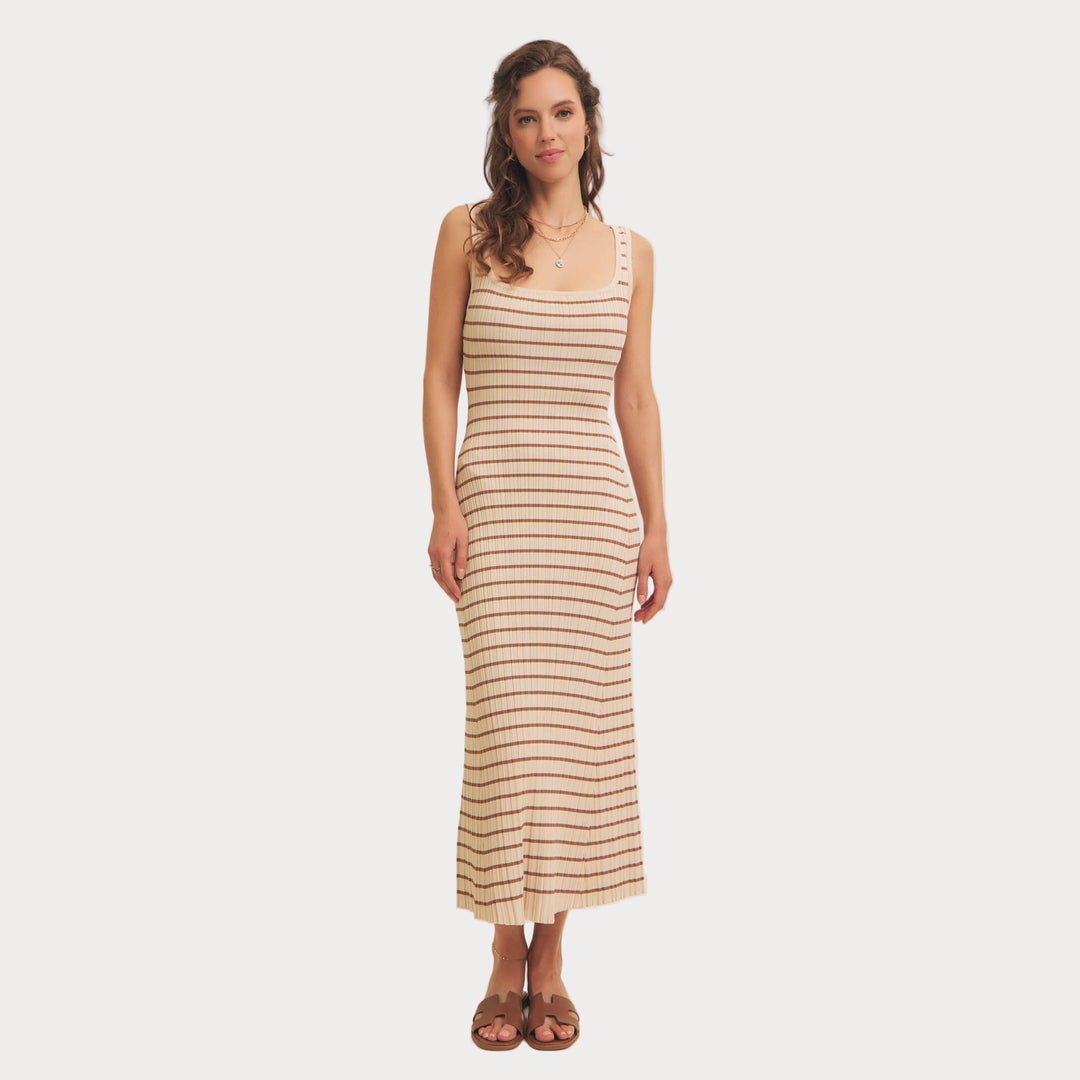 Striped Ribbed Knit Dress | Cream & Brown Midi Sweater Dress