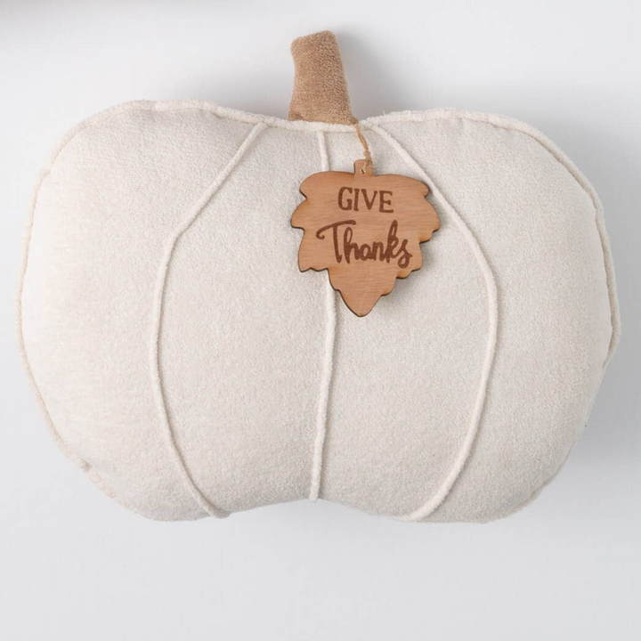 Pumpkin Pillow with "Give Thanks" Wooden Leaf Tag