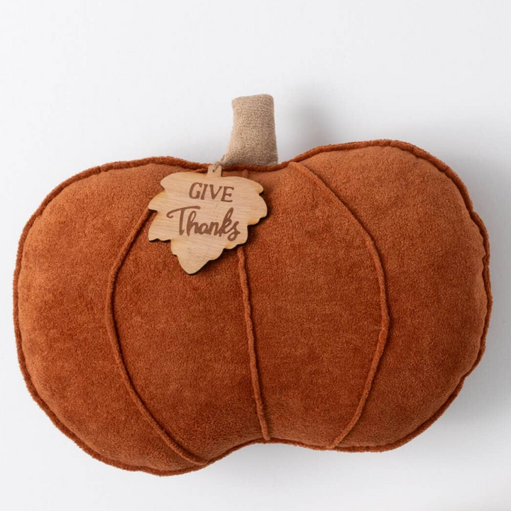 Pumpkin Pillow with "Give Thanks" Wooden Leaf Tag