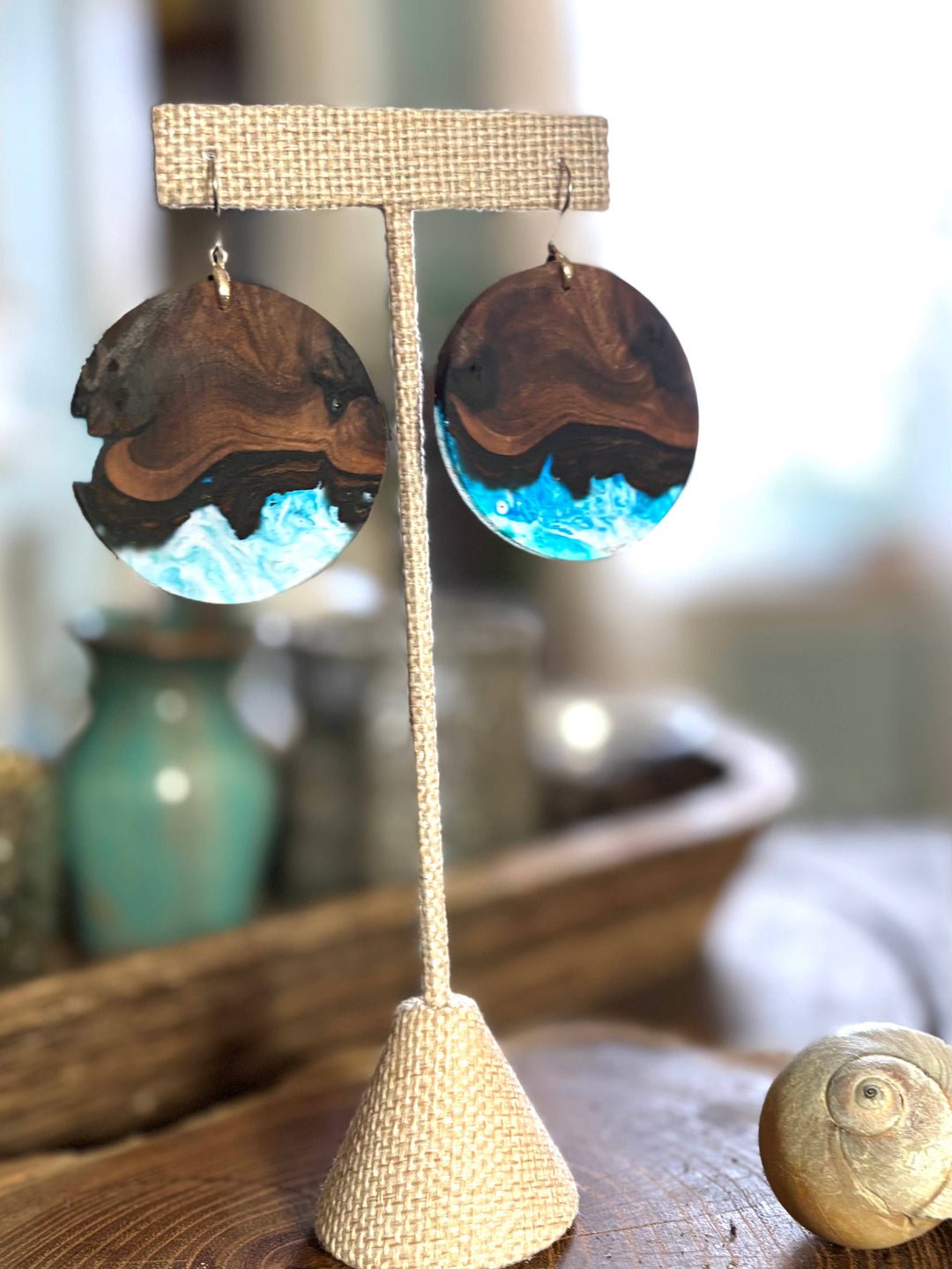 Blue Tide Wood & Resin Circle Earrings