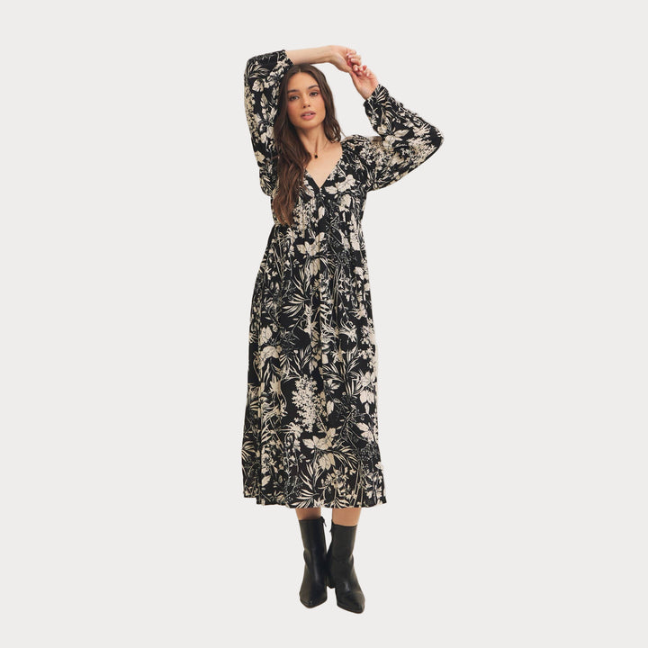 Black Floral Print Midi Dress | Long Bishop Sleeve Boho Dress