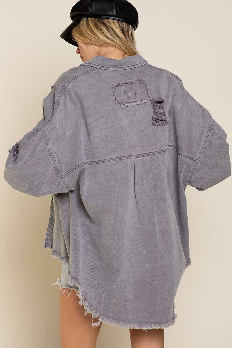 Front pocket distressed button down twill shacket shirt