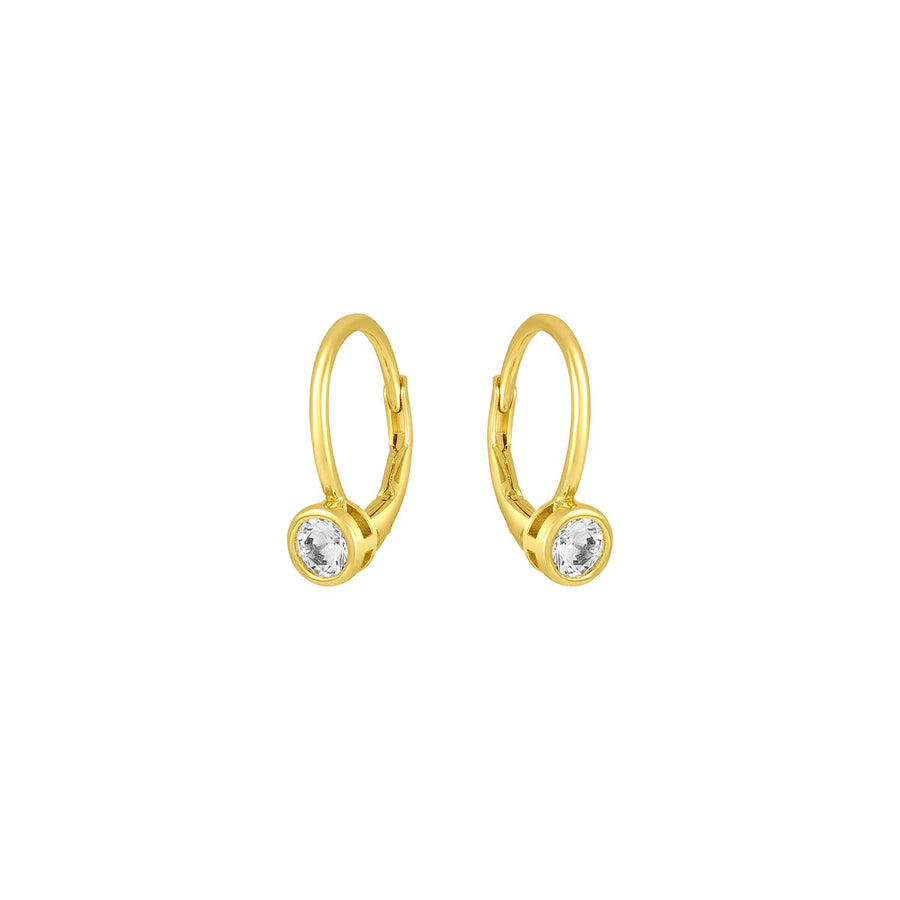 Gold huggie earrings with small bezel-set cubic zirconia drop