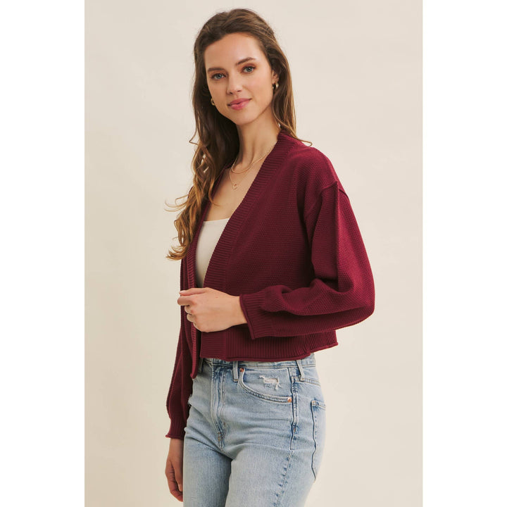 Waffle Knit Balloon Sleeve Cardigan | Cropped Sweater