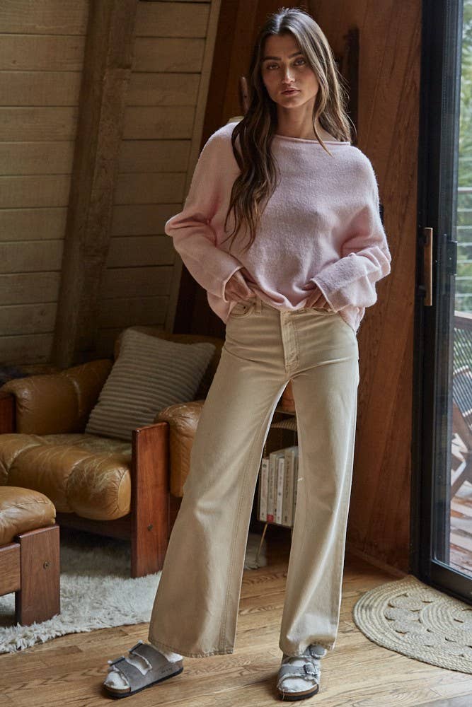 W2114 | Knit Sweater Rolled Round Neck Pullover Top