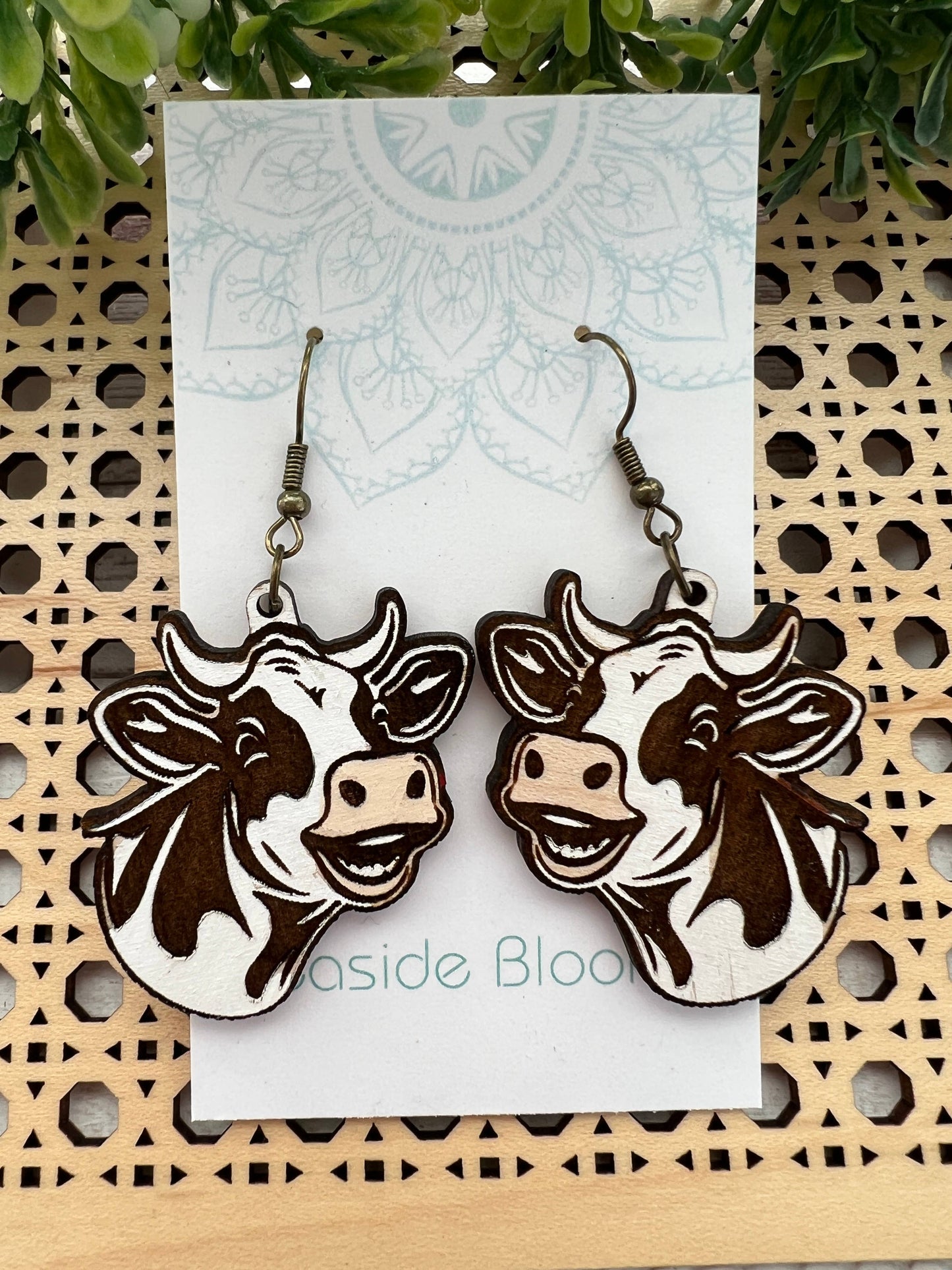 Wooden Earrings - Cow