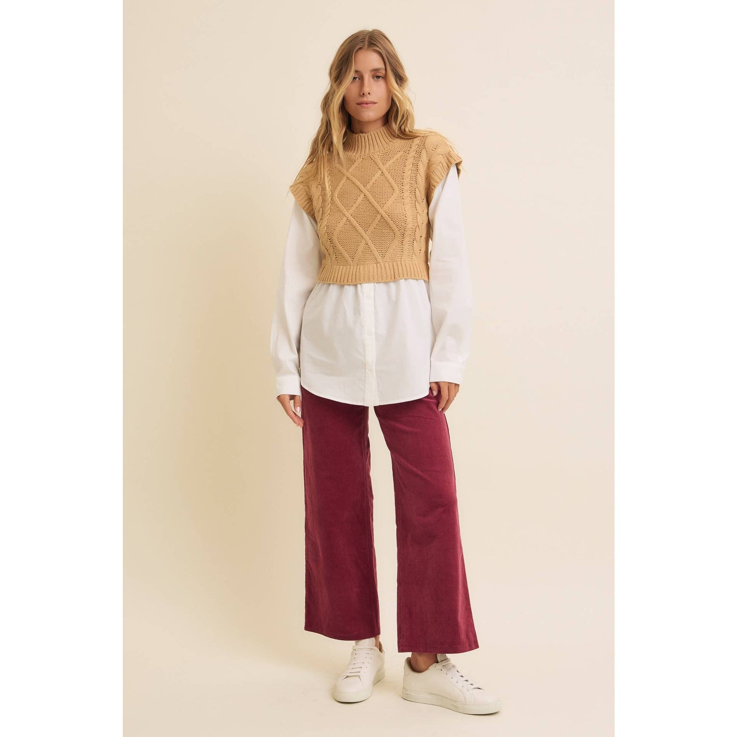 MOCK NECK SWEATER WITH CONTRAST BUTTON-DOWN SHIRT