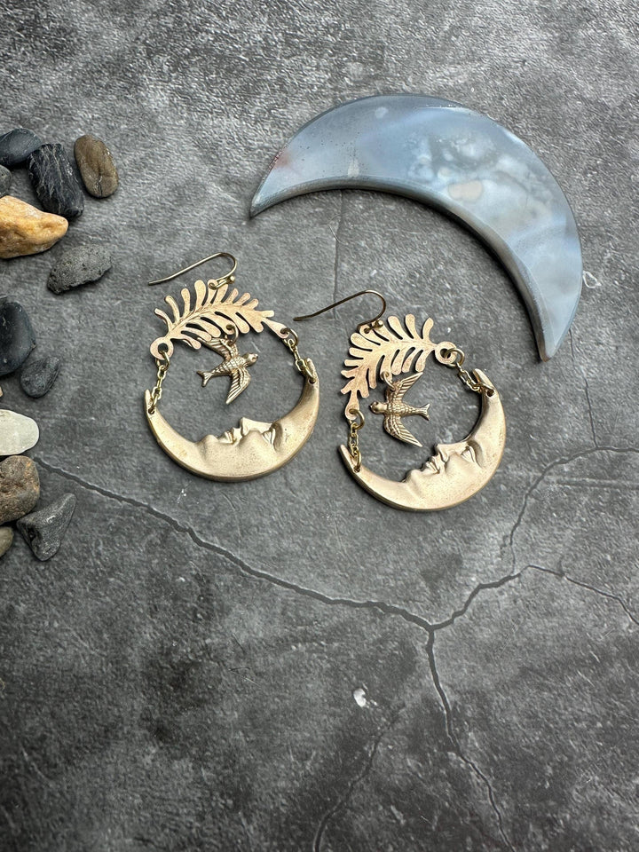 Luna Messenger Earrings - Crescent Moon Face with Bird